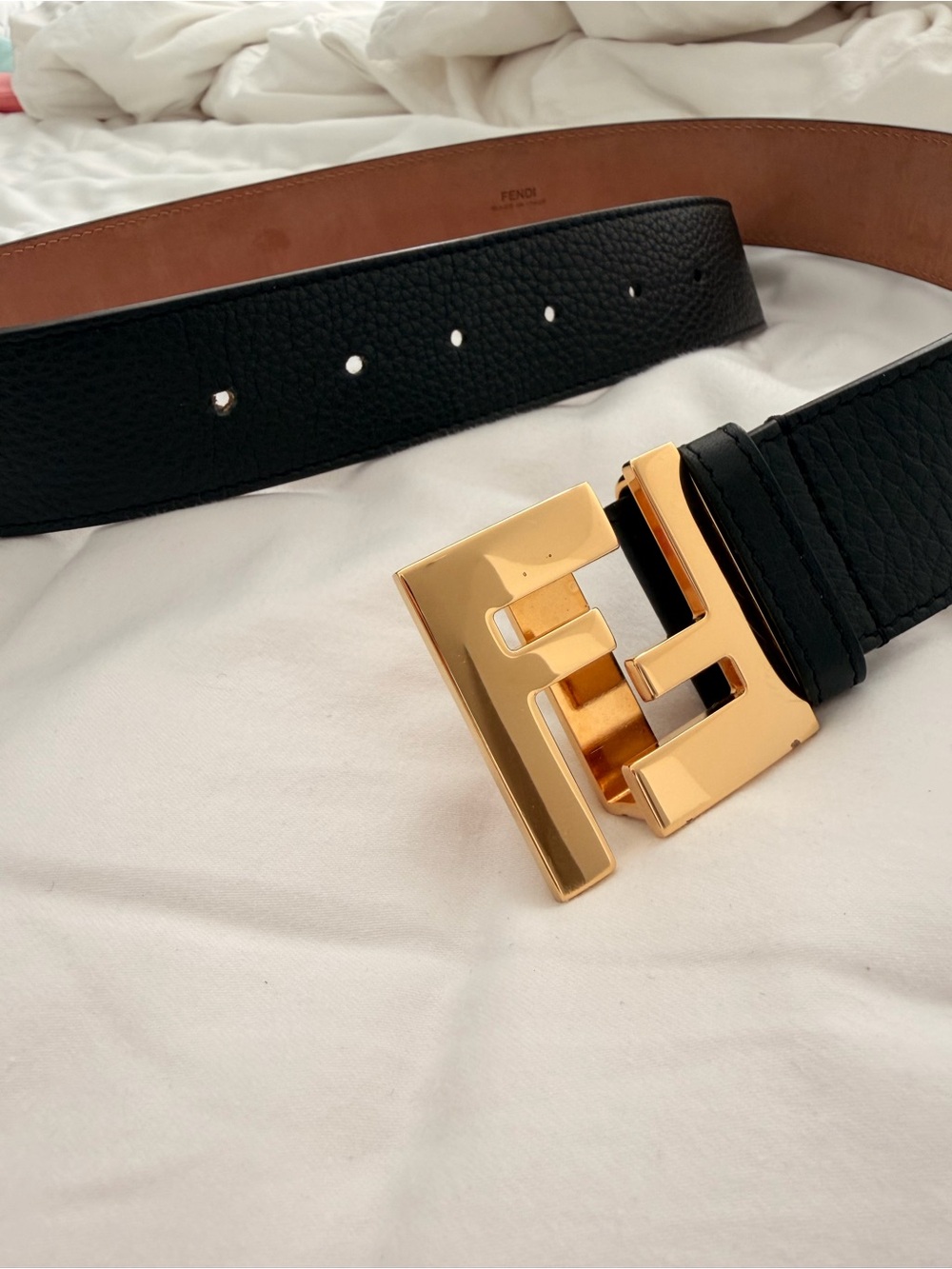 Fendi Black Leather Belt with Gold FF Logo Buckle